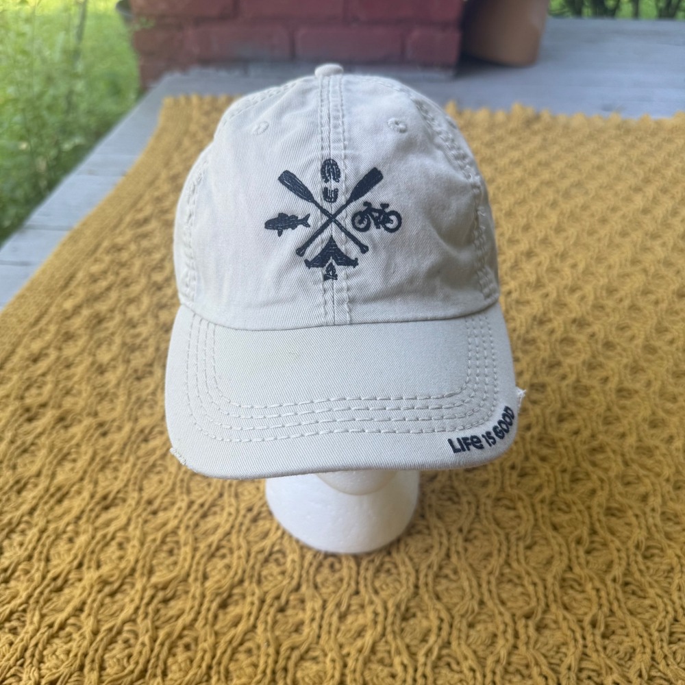 Life is Good Khaki Tan Distressed Dad Hat Embroidered Outdoor Camping Bike Cap